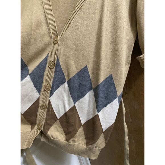 Vintage Van Heusen Tan Button Up Cardigan Waist Tie Gray/White/Brown Argyle Sz L - Picture 6 of 16